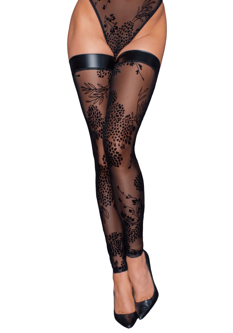 F243 Bas en tulle avec broderie flock à motifs - Noir Handmade