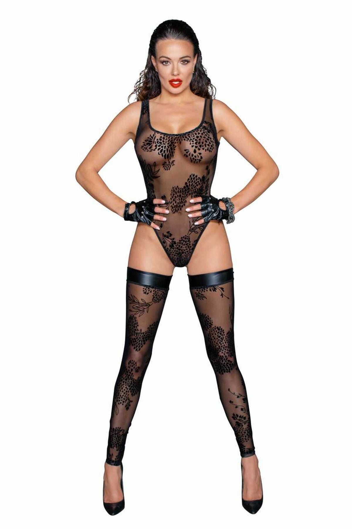 F242 Tulle body avec broderie flock à motifs - vue 3