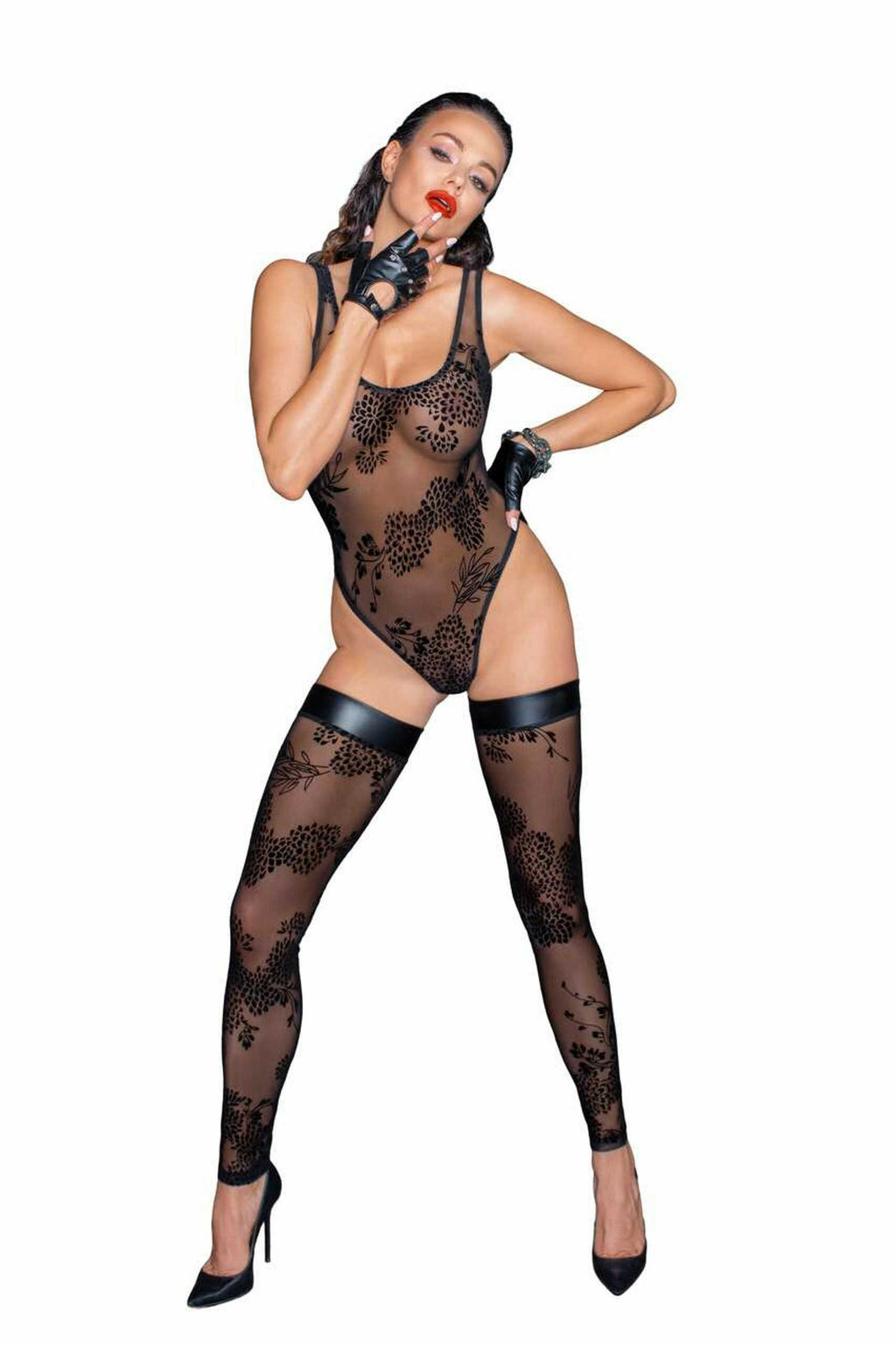 F242 Tulle body avec broderie flock à motifs - vue 4