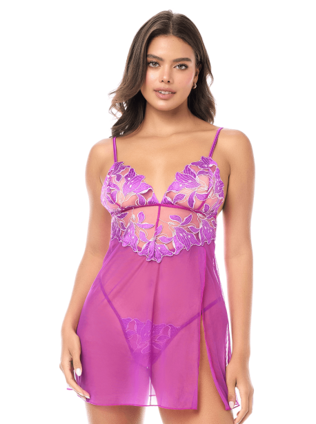 Babydoll sexy en résille brodée florale et string – Nuisette