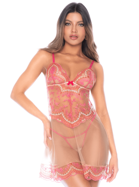 Nuisette en résille et dentelle florale rose et string assorti – Nuisette rose
