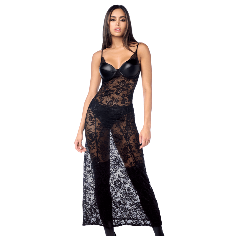 Robe longue en dentelle effet cuir avec string et porte-jarretelles – Noir